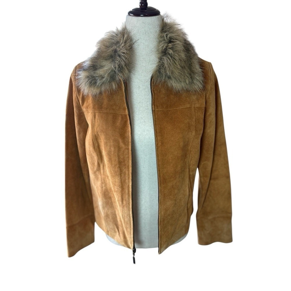 Vtg Fur Collar Suede Leather Camel Brown Jacket Boho Cowgirl Moto Size Small - Picture 9 of 14